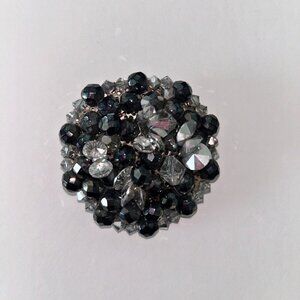 Sparkly Black & Silver Beaded Wreath Vintage Fashion Brooch Unsigned